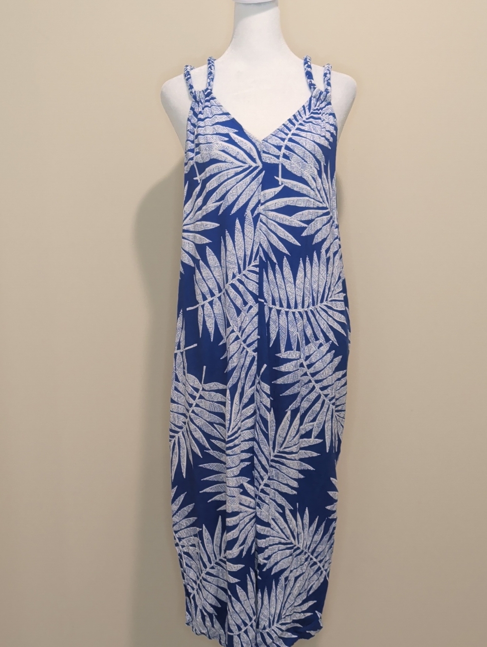 Blue and white Palm-Print V-Neck Midi Dress with Braided Straps